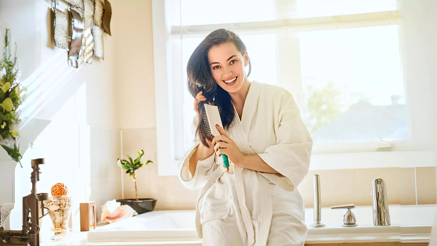 a person in a bath robe brushing their hair with sweorn hair care product