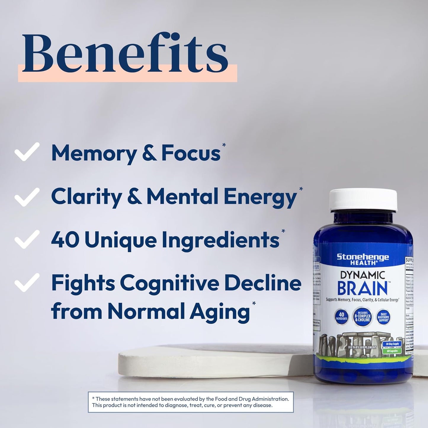 Stonehenge Health Dynamic Brain Supplement – Memory, Focus, & Clarity– Formulated with 40 Unique Nootropic Ingredients: Choline, Phosphatidylserine, Bacopa Monnieri, and Huperzine A