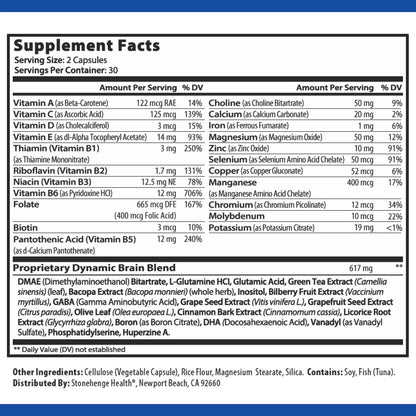 Stonehenge Health Dynamic Brain Supplement – Memory, Focus, & Clarity– Formulated with 40 Unique Nootropic Ingredients: Choline, Phosphatidylserine, Bacopa Monnieri, and Huperzine A