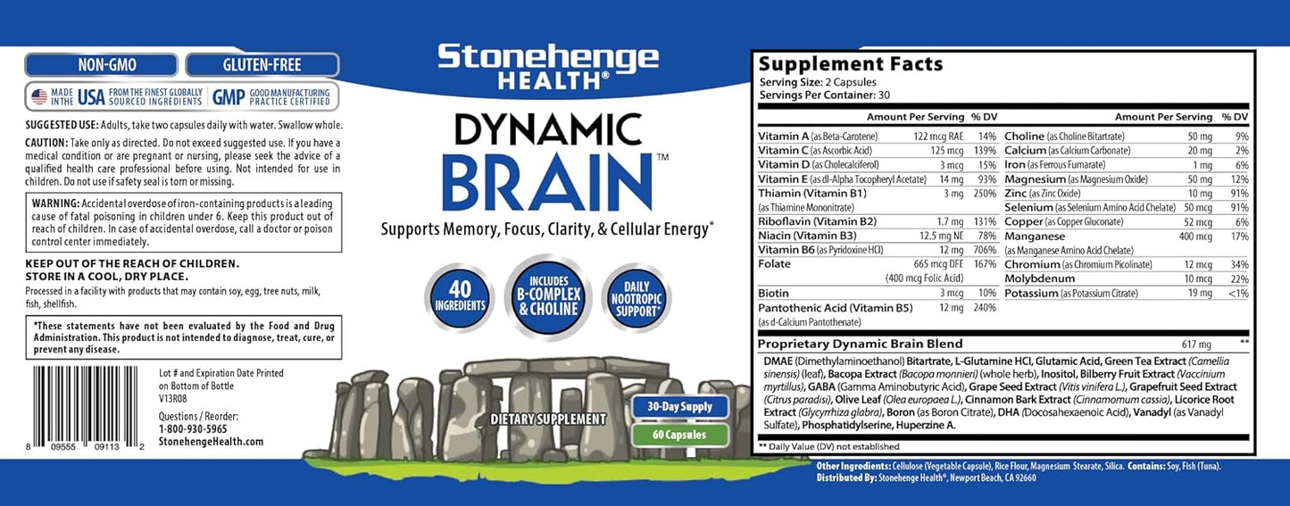 Stonehenge Health Dynamic Brain Supplement – Memory, Focus, & Clarity– Formulated with 40 Unique Nootropic Ingredients: Choline, Phosphatidylserine, Bacopa Monnieri, and Huperzine A