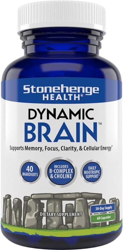 Stonehenge Health Dynamic Brain Supplement – Memory, Focus, & Clarity– Formulated with 40 Unique Nootropic Ingredients: Choline, Phosphatidylserine, Bacopa Monnieri, and Huperzine A