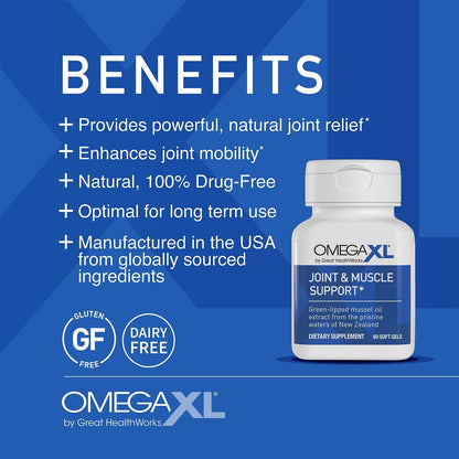 OmegaXL Joint Support Supplement - Natural Muscle Support, Green Lipped Mussel Oil, Soft Gel Pills, Drug-Free, 120 Count