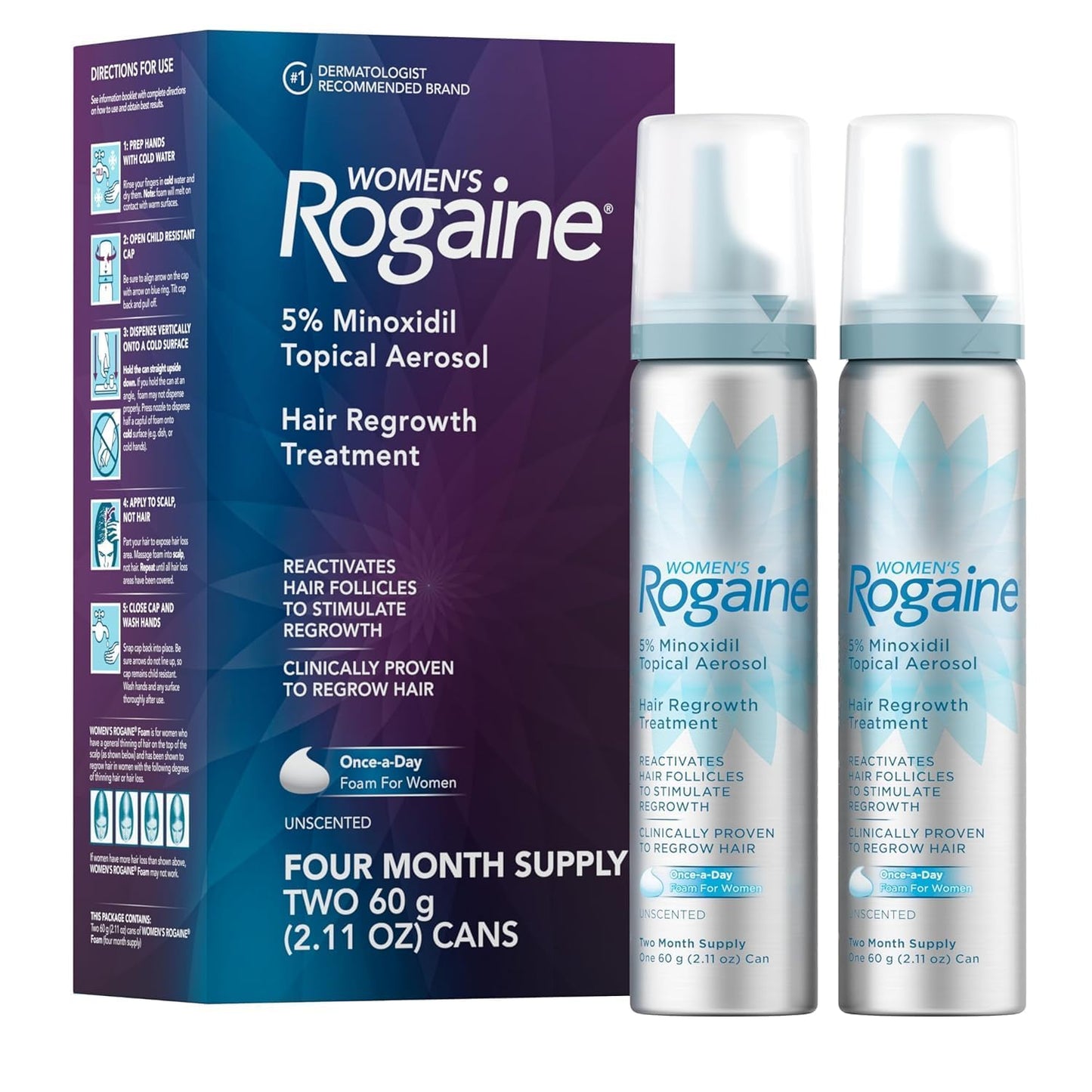 Rogaine Women's 5% Minoxidil Foam, Topical Once-A-Day Hair Loss Treatment for Women to Regrow Fuller, Thicker Hair, Unscented, 4-Month Supply, 2 x 2.11 oz