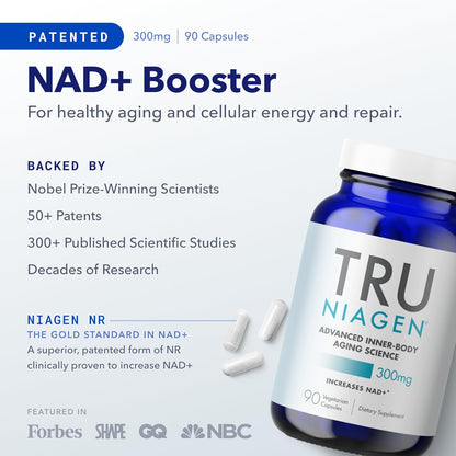 TRU NIAGEN Patented NAD+ Supplement for Anti Aging and Cell Regeneration, 300 mg Niagen, 90 Servings | Supports Cellular Energy, Brain, Muscle | Nicotinamide Riboside (NR) Take 1 Daily | 1 Bottle